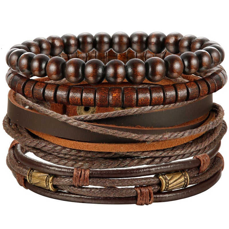Jstyle 4Pcs Braided Leather Bracelet for Women Mens Cuff Bead Bracelet Set Adjustable Brown - Image 1